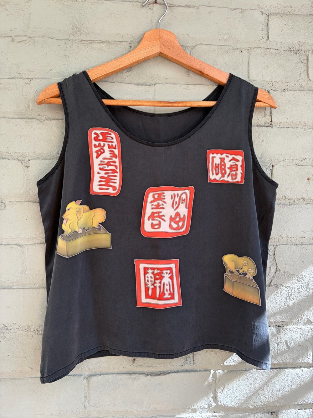 Gray Silk Tank Top with Oriental Motifs